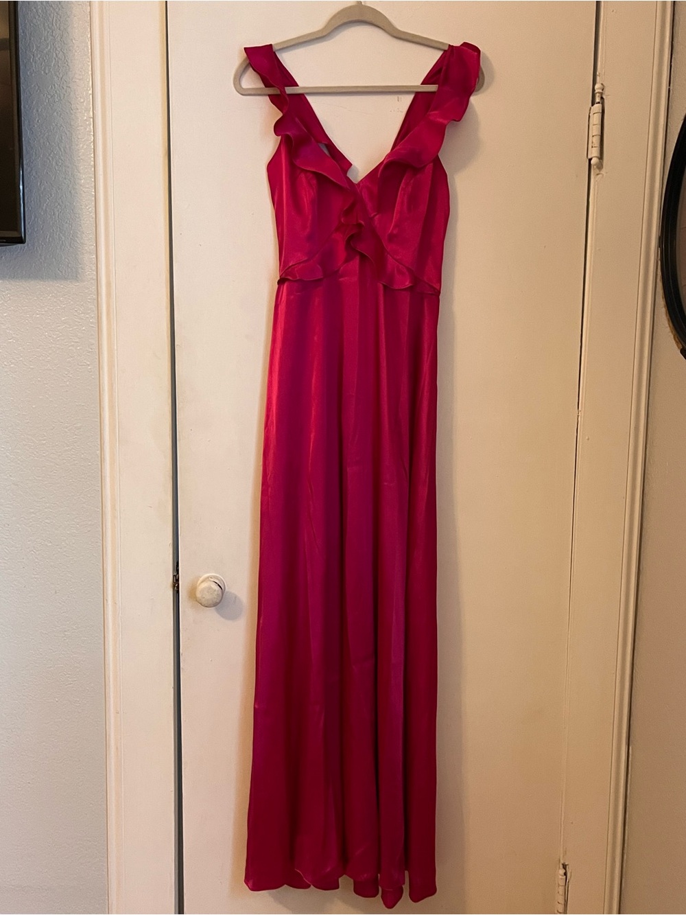 Fuchsia Ruffle-Strap Maxi Dress - Elegant Evening Wear, Size 12
